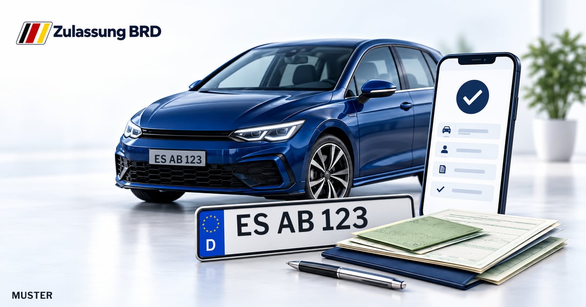 Online Fahrzeugzulassung in Wendlingen am Neckar: Musterkennzeichen ES AB 123, Auto und Fahrzeugpapiere und Smartphone. Illustration mit Logo von Zulassung BRD.